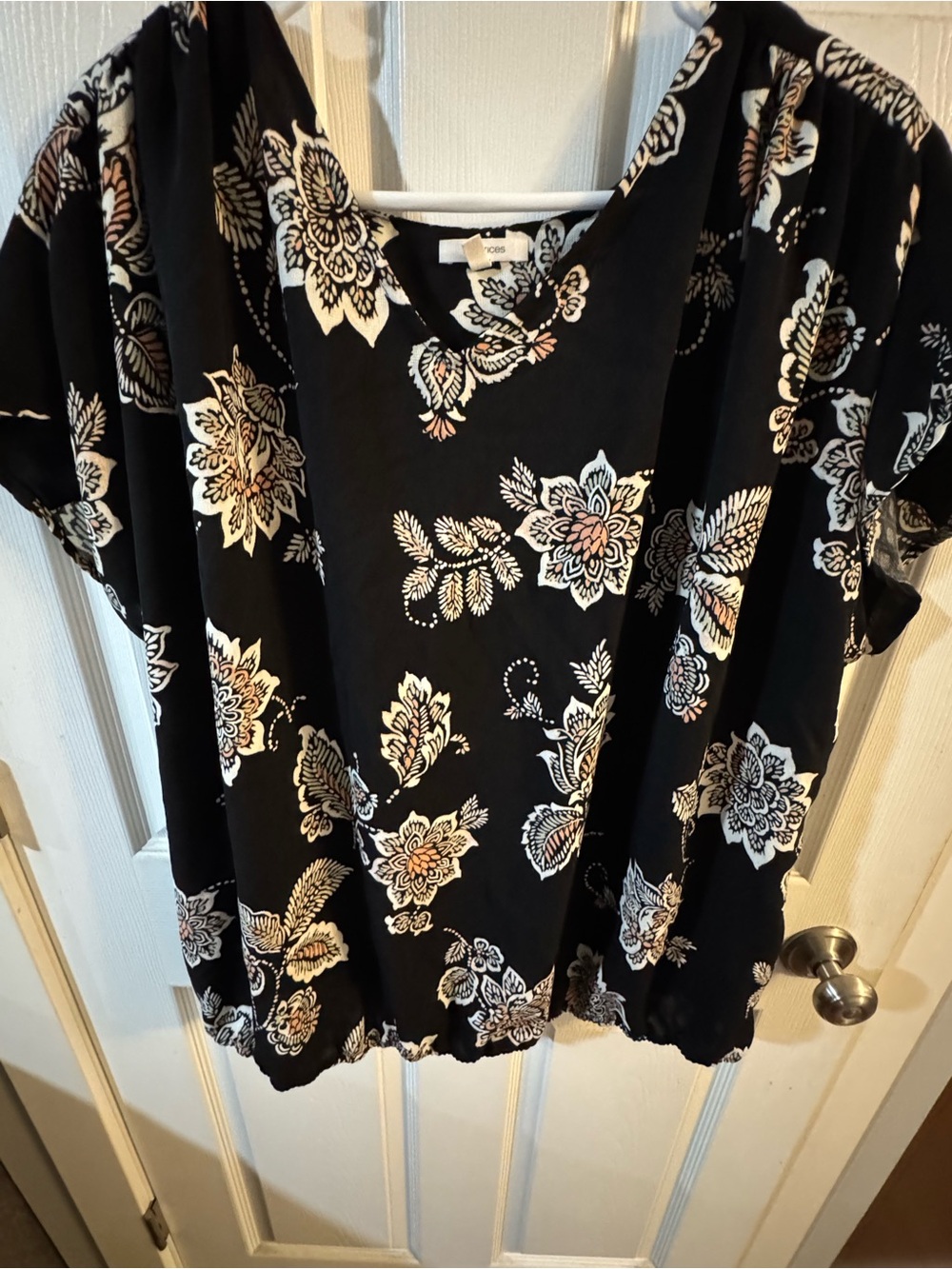 Maurices Black Floral Short-Sleeve Blouse with Cream and Pink Accents